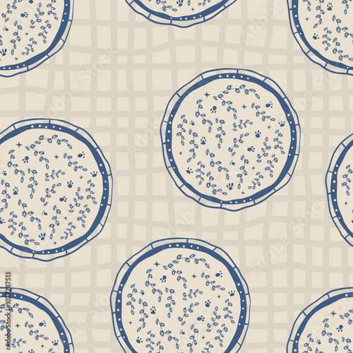 Abstract floral ornament in circular frame seamless pattern. Retro calm endless background. Vector hand drawn flat illustration.