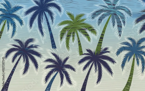 Wallpaper Mural Palm trees pattern. Tropical palm tree pattern on a blue and white background. Perfect for summer designs. Torontodigital.ca