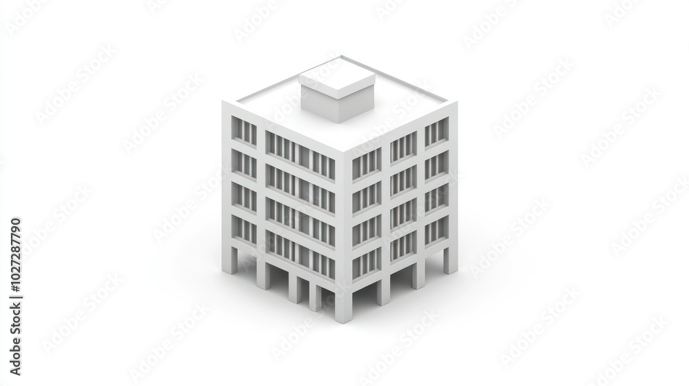 A simple white 3D model of a building with windows and a flat roof A simple white 3D model of a building with windows and a flat roof