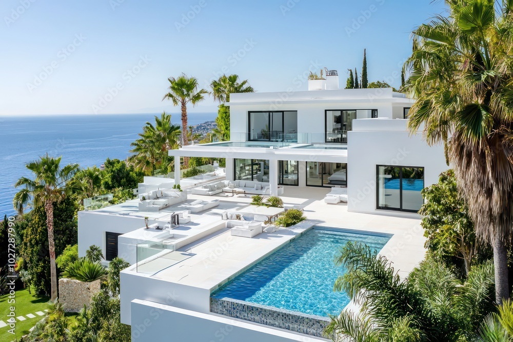 Fototapeta premium Modern mansion with white walls, infinity pool, and expansive sea views from terraces, nestled among palm trees