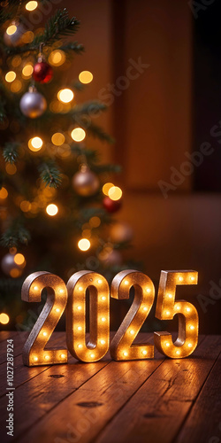 2025 New Year Background. An indoor winter scene with a christmas tree, ornaments, large golden numbers on the wooden floor, and glowing lights. Happy new year, warm and festive atmosphere.