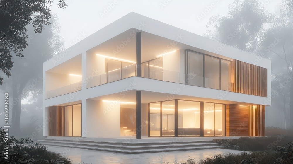 Modern two-story home with white walls, large windows, and wood accents, evening fog setting in Interior lights glow warmly Modern two-story home with white walls, large windows, and wood accents, evening fog setting in Interior lights glow warmly