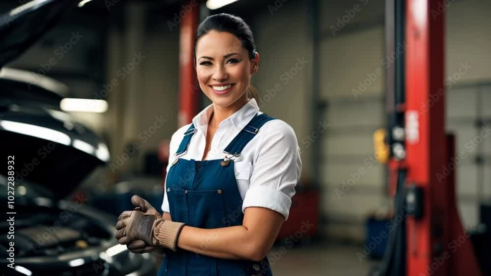Smiling female auto mechanic portrait in modern car service Smiling female auto mechanic portrait in modern car service