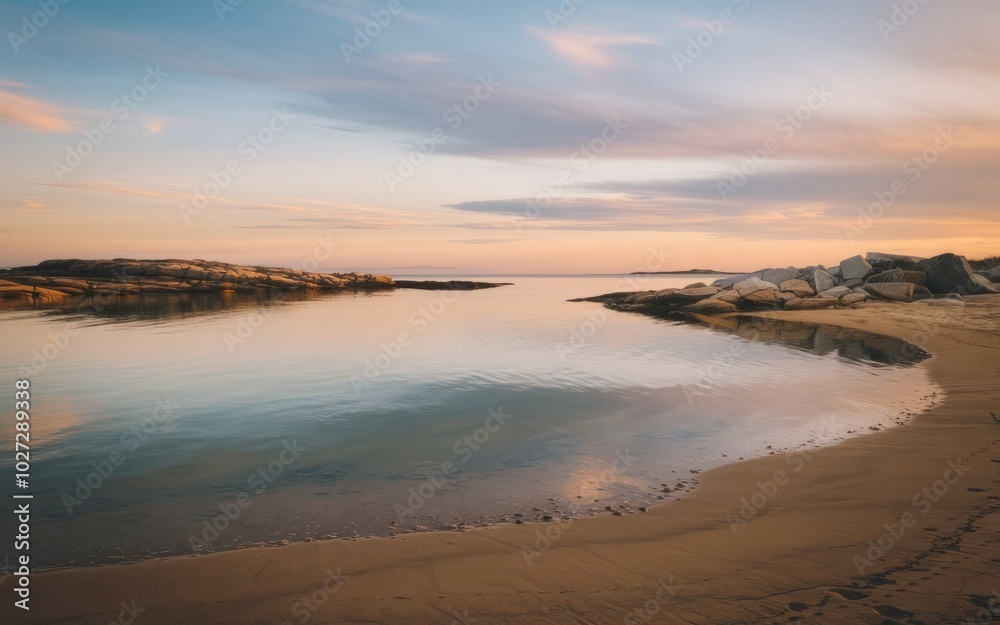 Obraz premium Peaceful sunset cove. Tranquil scene of a sandy shore meeting calm water with a distant rocky island, bathed in the golden light of sunset.