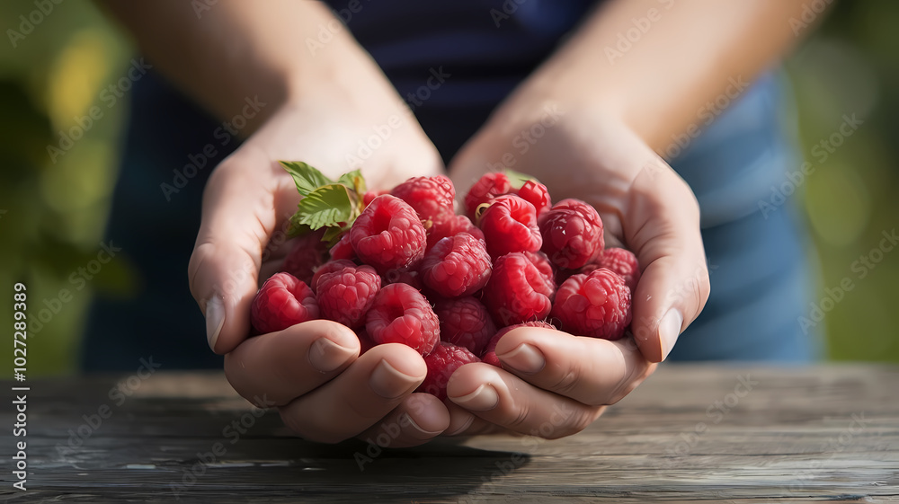Freshly picked raspberries held in hands, showcasing vibrant red color and green leaves, perfect for healthy eating and recipes. Freshly picked raspberries held in hands, showcasing vibrant red color and green leaves, perfect for healthy eating and recipes.