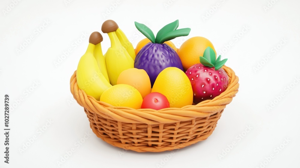 A Cartoon-Style Wicker Basket Overflowing with Colorful Fruit A Cartoon-Style Wicker Basket Overflowing with Colorful Fruit