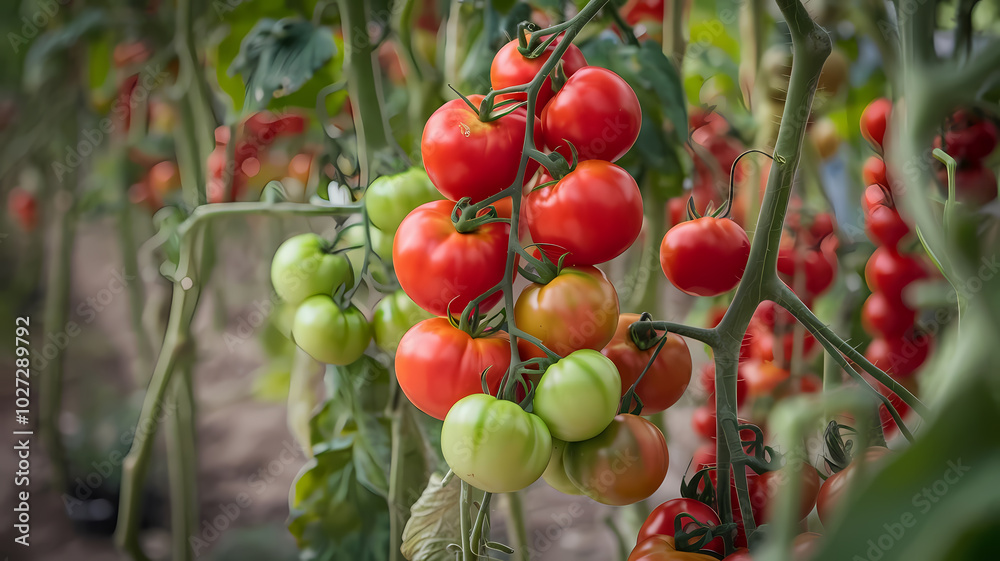 Vibrant red and green tomatoes growing on vines in a lush garden, highlighting fresh produce and agricultural life. Vibrant red and green tomatoes growing on vines in a lush garden, highlighting fresh produce and agricultural life.