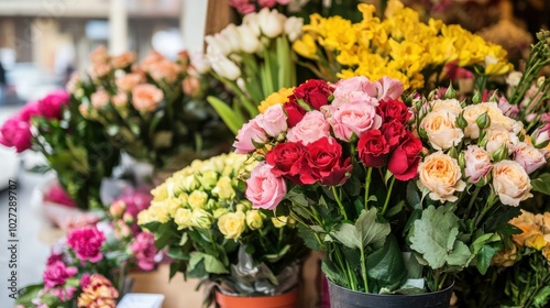 Wallpaper Mural Colorful flower arrangements in a bustling street market showcasing fresh roses, lilies, and daisies during a sunny afternoon Torontodigital.ca