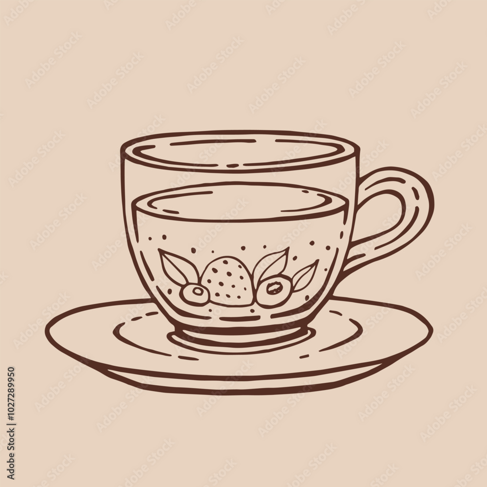 Cup of tea with berries. Hand drawn vector illustration in outline style. Cup of tea with berries. Hand drawn vector illustration in outline style.