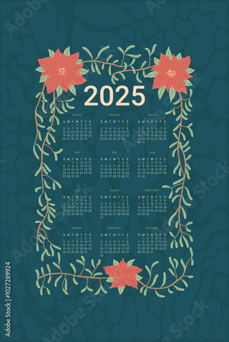 2025 Calendar with poinsettia flowers. Vertical banner planer template. Vector illustration