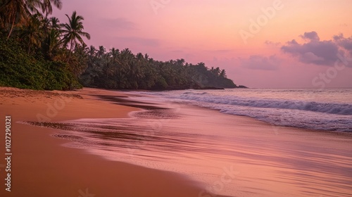A secluded tropical beach at sunset, with golden sand and calm waves reflecting the vibrant pink, orange, and purple hues of the sky.