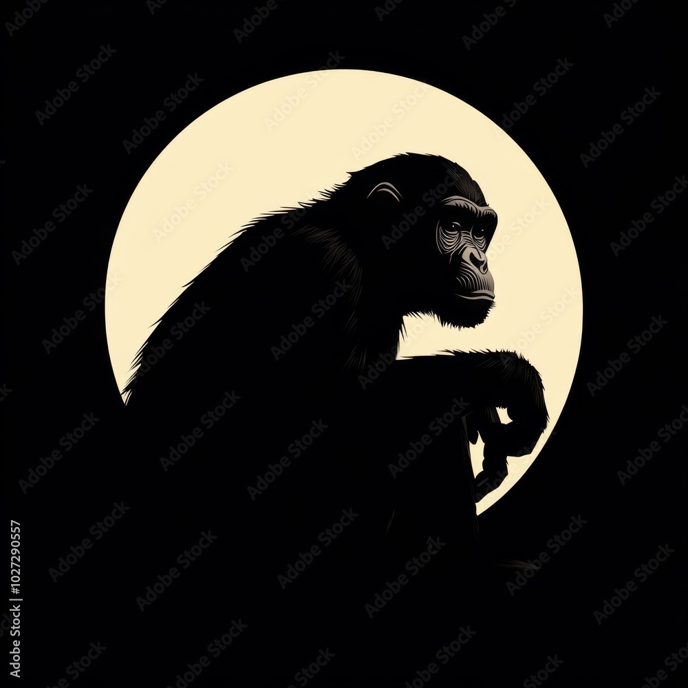 A chimpanzee sits in a circle of light, looking thoughtful. A chimpanzee sits in a circle of light, looking thoughtful.