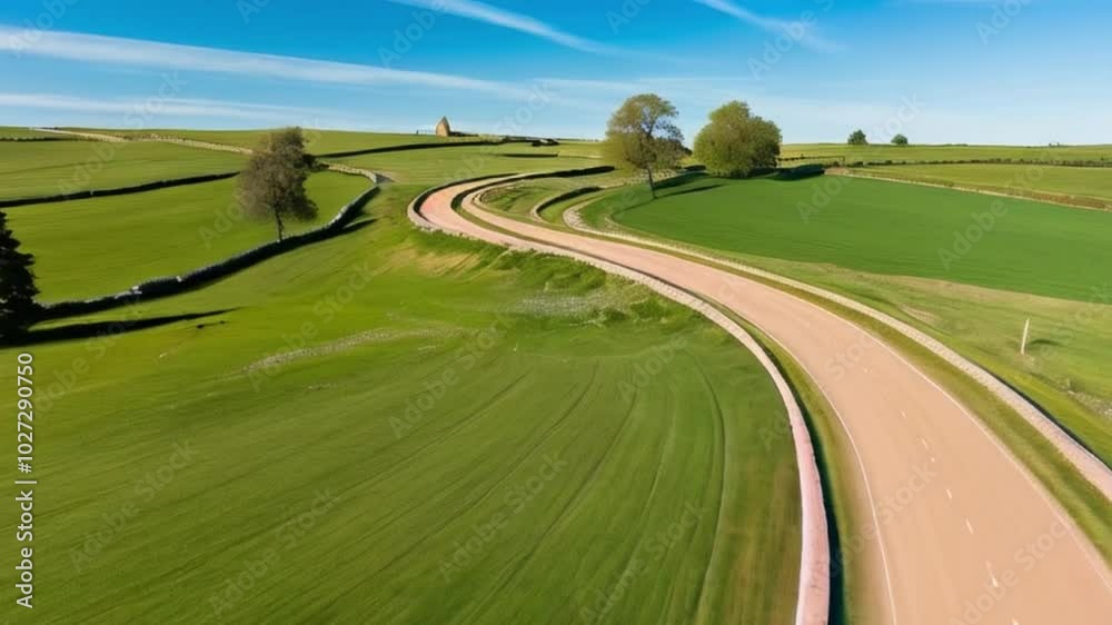A scenic winding road through lush green fields under a clear blue sky ...