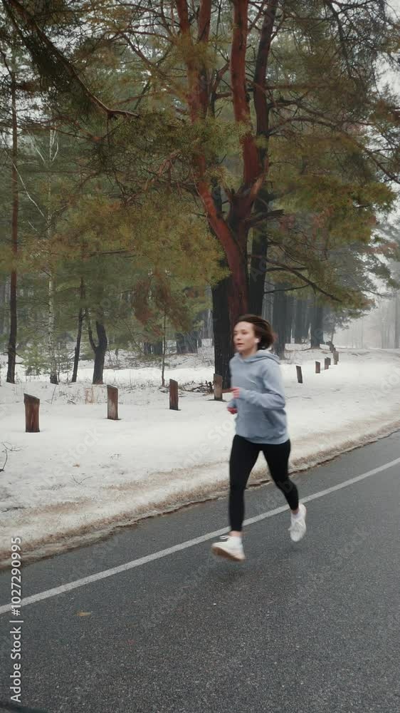 Young active woman in earphones running in winter snowy park. Vertical video Young active woman in earphones running in winter snowy park. Vertical video