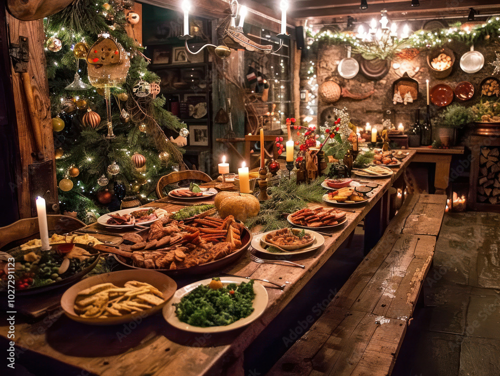 A rustic Christmas dinner with hearty dishes, wooden tables, and natural decorations, evoking a warm, countryside holiday feel