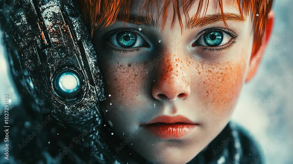 A young boy with red hair and blue eyes stares intensely into the distance, a single tear running down his cheek A young boy with red hair and blue eyes stares intensely into the distance, a single tear running down his cheek