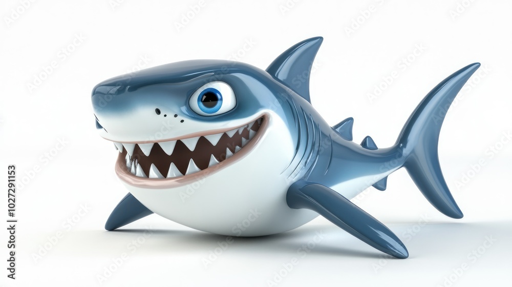 A cartoon shark with a toothy grin and blue fins