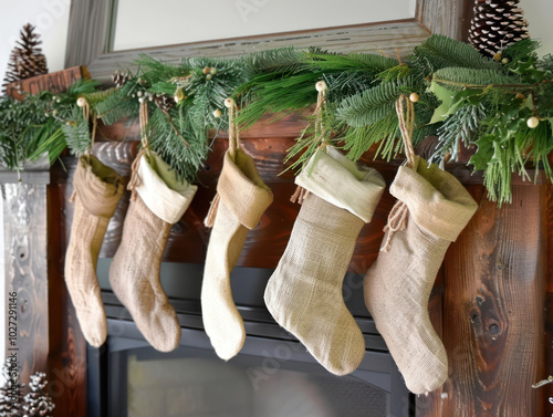 A rustic holiday setting with burlap stockings and natural garlands, evoking a cozy, farmhouse Christmas vibe