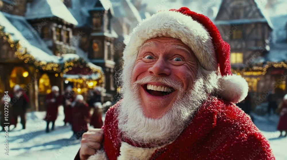 Joyful Santa Claus in a festive snowy village, spreading holiday cheer. Joyful Santa Claus in a festive snowy village, spreading holiday cheer.