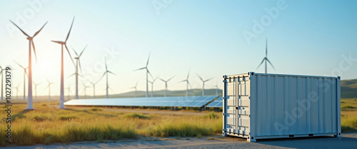Concept of energy storage batteries system, wind power, wind turbines and Li-ion battery container, and solar panels in the background. Panoramic view with copy space.
