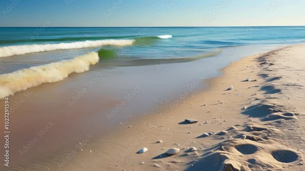 A serene beach scene with gentle waves lapping the soft, sandy shore under a clear blue sky and seagulls flying above created with generative ai A serene beach scene with gentle waves lapping the soft, sandy shore under a clear blue sky and seagulls flying above created with generative ai
