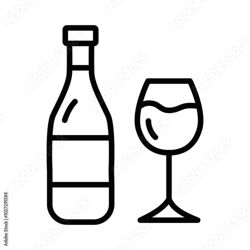 Simple line vector icon of a wine bottle and glass, representing wine tasting, dining, or alcoholic beverage consumption. Editable stroke.