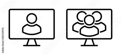 Line icons of a single person and group on a monitor, symbolizing video calls, conferencing, and remote communication in modern work settings. Editable stroke.
