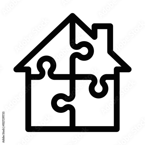 Puzzle icon shaped like a house, symbolizing family, home, and community. Perfect for real estate, home improvement, or family care concepts. Editable stroke.