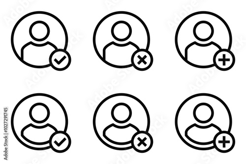 Set of icons showing user profiles with check marks, plus signs, and crosses. Ideal for social media, approval, and user management themes. Editable stroke.