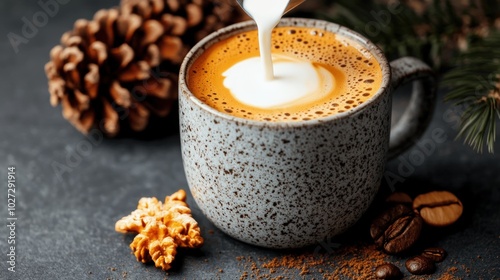 Wallpaper Mural Warm coffee with cream poured on top beside pine cones and spices in a cozy setting Torontodigital.ca