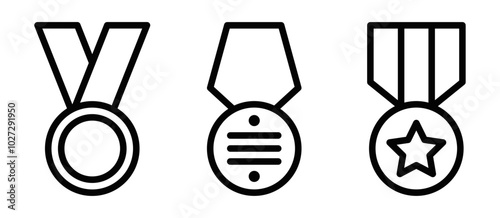 Set of three vector medal icons, each featuring a different design representing achievement, honor, or military awards. Editable stroke.