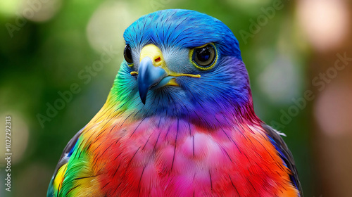 Surreale Nahaufnahme: Falke in leuchtenden Regenbogenfarben, Vorderansicht. Durchdringende Augen, detailliertes Gefieder. Kreativ, Vielfalt, Freiheit, Naturschutz-Konzept photo