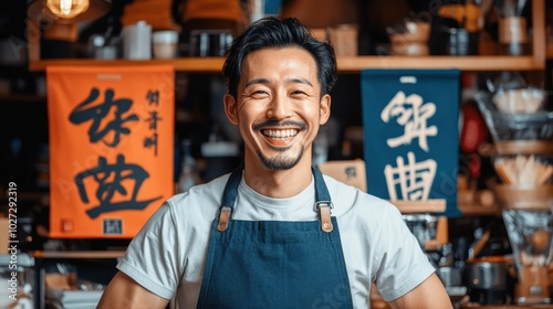 Smiling chef in traditional attire stands proudly in a bustling Asian restaurant setting