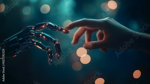 Human Hand Reaching Towards Robotic Hand in Futuristic Scene, AI and Human Concept 