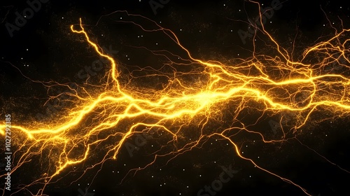A dramatic close-up of a yellow lightning strike branching across a dark, star-filled sky.