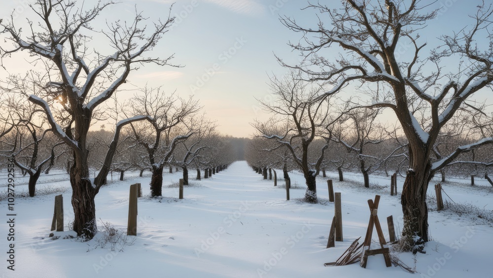 Perfect lines of cherry orchard in winter season Perfect lines of cherry orchard in winter season