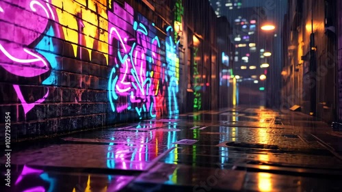 A narrow alleyway in the city is illuminated by neon signs and streetlights, reflecting on the wet pavement after a rain shower