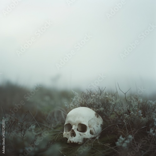 A human skull rests among moss and wild plants, evoking themes of mortality and the passage of time in a serene, misty landscape. photo