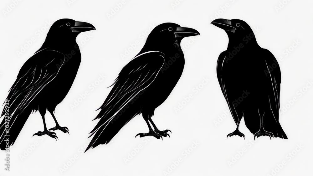 Three black crow silhouettes are shown in a line on a white background