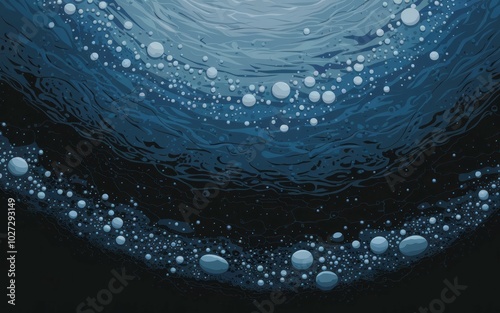 Abstract blue bubbles. Abstract liquid art with blue and black colors and white bubbles of various sizes, creating a feeling of depth and movement. photo