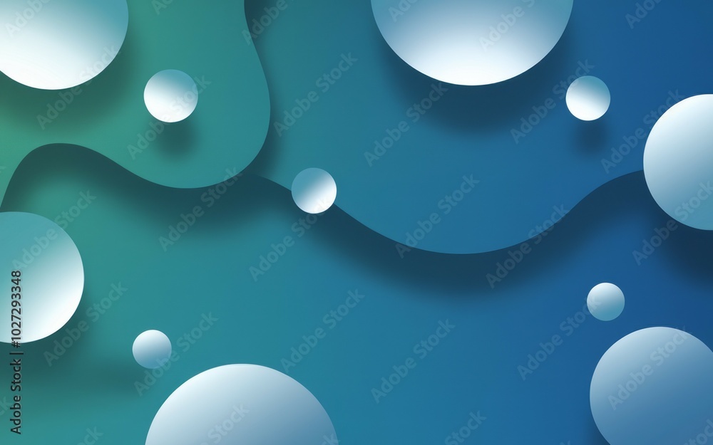 Abstract blue green circles. Abstract background with blue and green gradient and white circles, representing a sense of fluidity and dynamic energy.