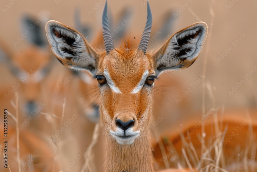 Fototapeta premium A portrait of a young impala standing gracefully in golden grass during daylight hours