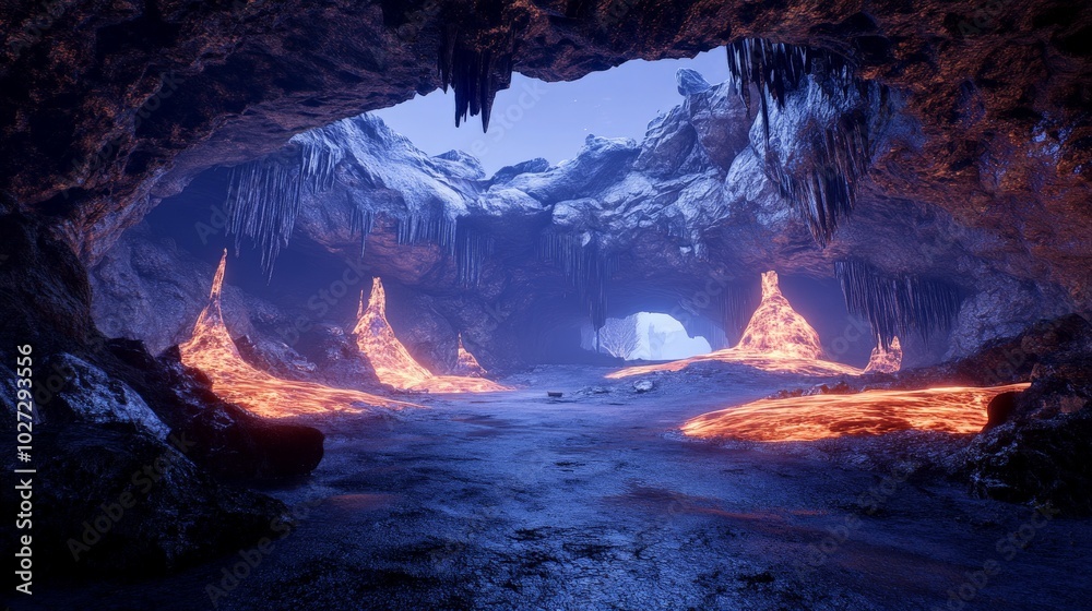 Fototapeta premium Mesmerizing Enchanted Underground Cavern Landscape with Glowing Formations