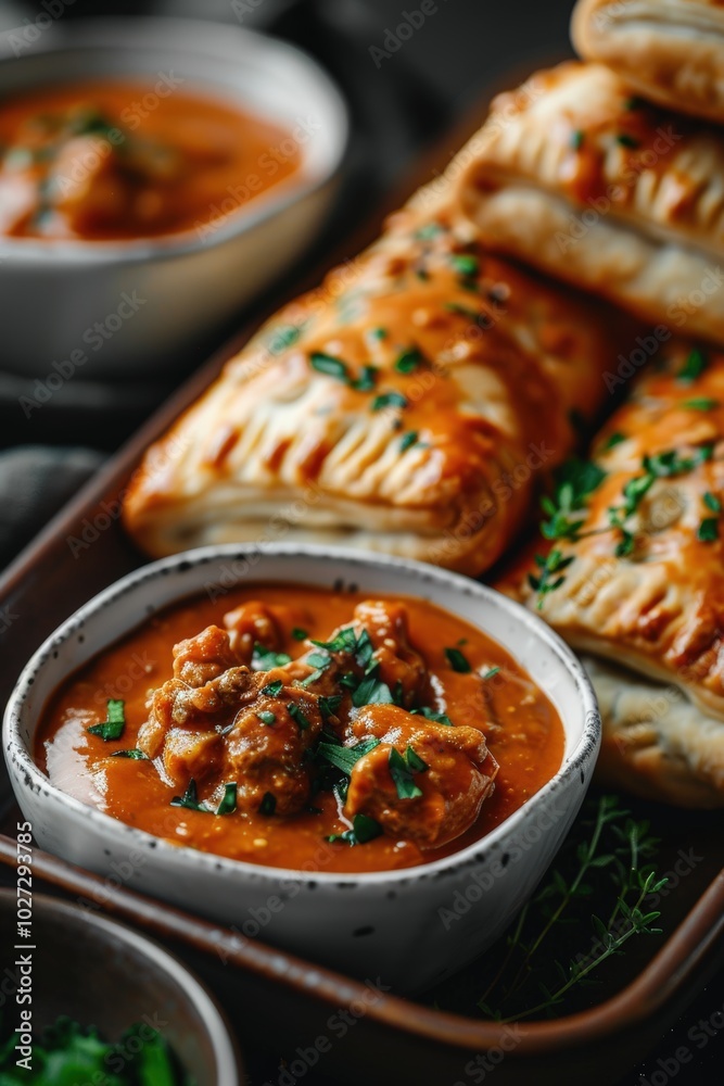 Delicious savory pastries with rich sauce and herbs on elegant dining table Delicious savory pastries with rich sauce and herbs on elegant dining table