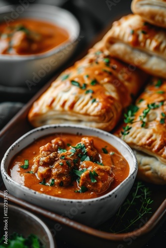 Delicious savory pastries with rich sauce and herbs on elegant dining table