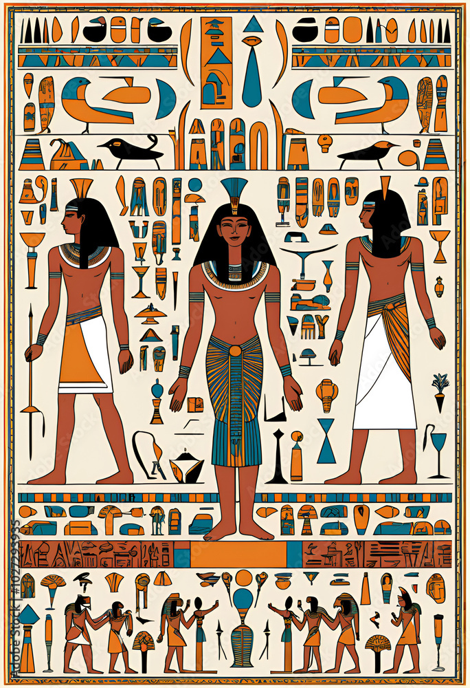 Ancient Egyptian Hieroglyphic Art with Human Figures in Traditional ...