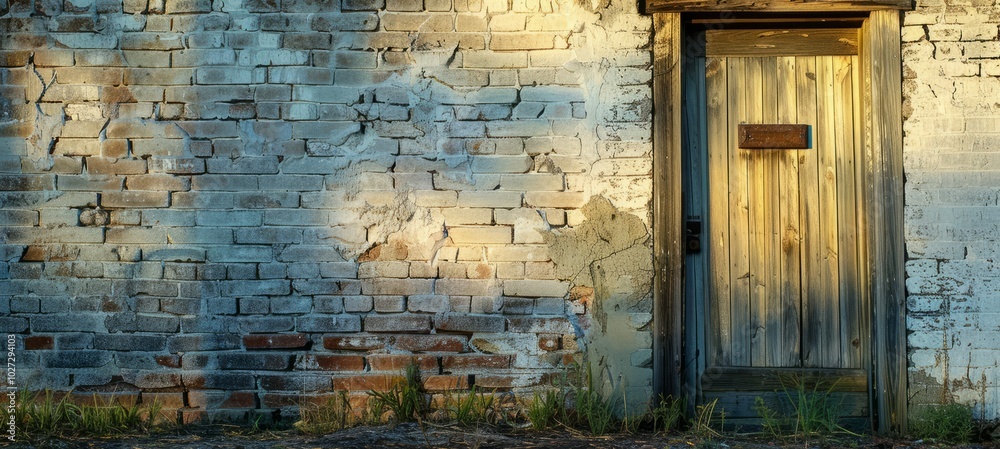 Naklejka premium Old weathered doorway. Rustic brick wall with an old, weathered wooden door. The door symbolizes mystery and forgotten history, perfect for a backdrop.