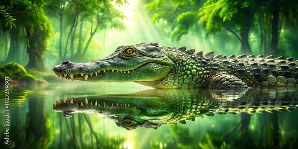 Fototapeta premium A majestic green crocodile glides through a tranquil lake, its reflection merging seamlessly with the surrounding serene landscape, creating a captivating double exposure effect.