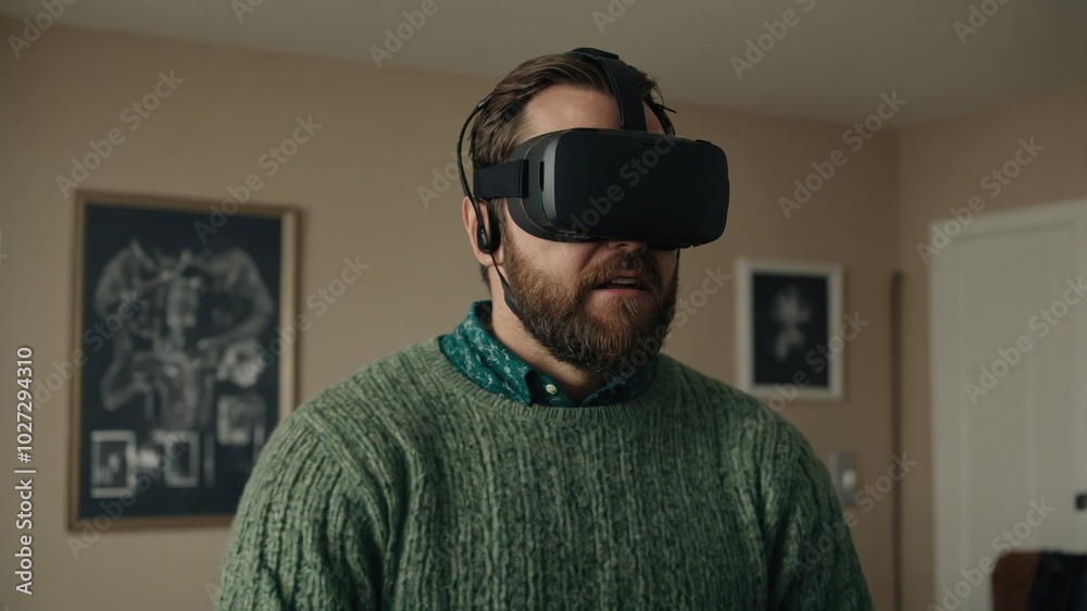 A man experiences virtual reality indoors wearing a headset while focusing intently on the immersive experience at home A man experiences virtual reality indoors wearing a headset while focusing intently on the immersive experience at home
