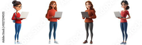 Set of a 3D character of a woman holding a laptop, isolated on transparent background.